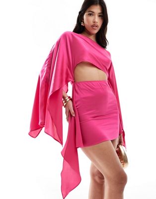 Aria Cove Satin Kimono Sleeve Cut Out Tie Side Mini Dress In Pink