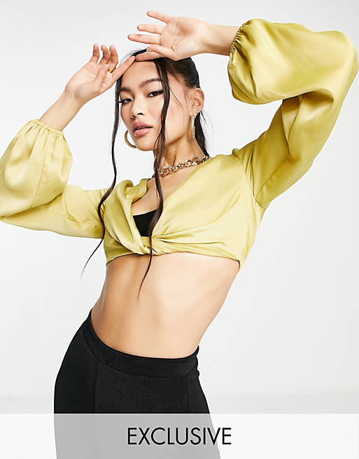 Women Aria Cove satin knot front crop top co ord in lime 