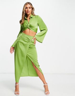Aria Cove satin knot front midi skirt with thigh split detail co ord in lime