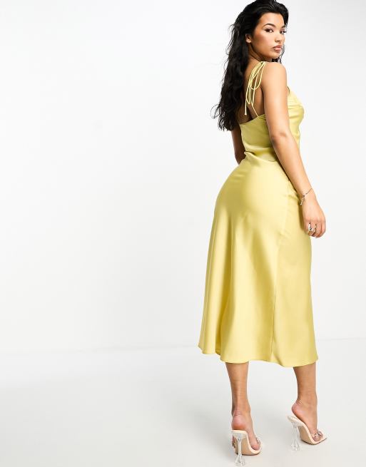 Aria Cove satin lace trim tie cami sleeve midi dress in yellow | ASOS