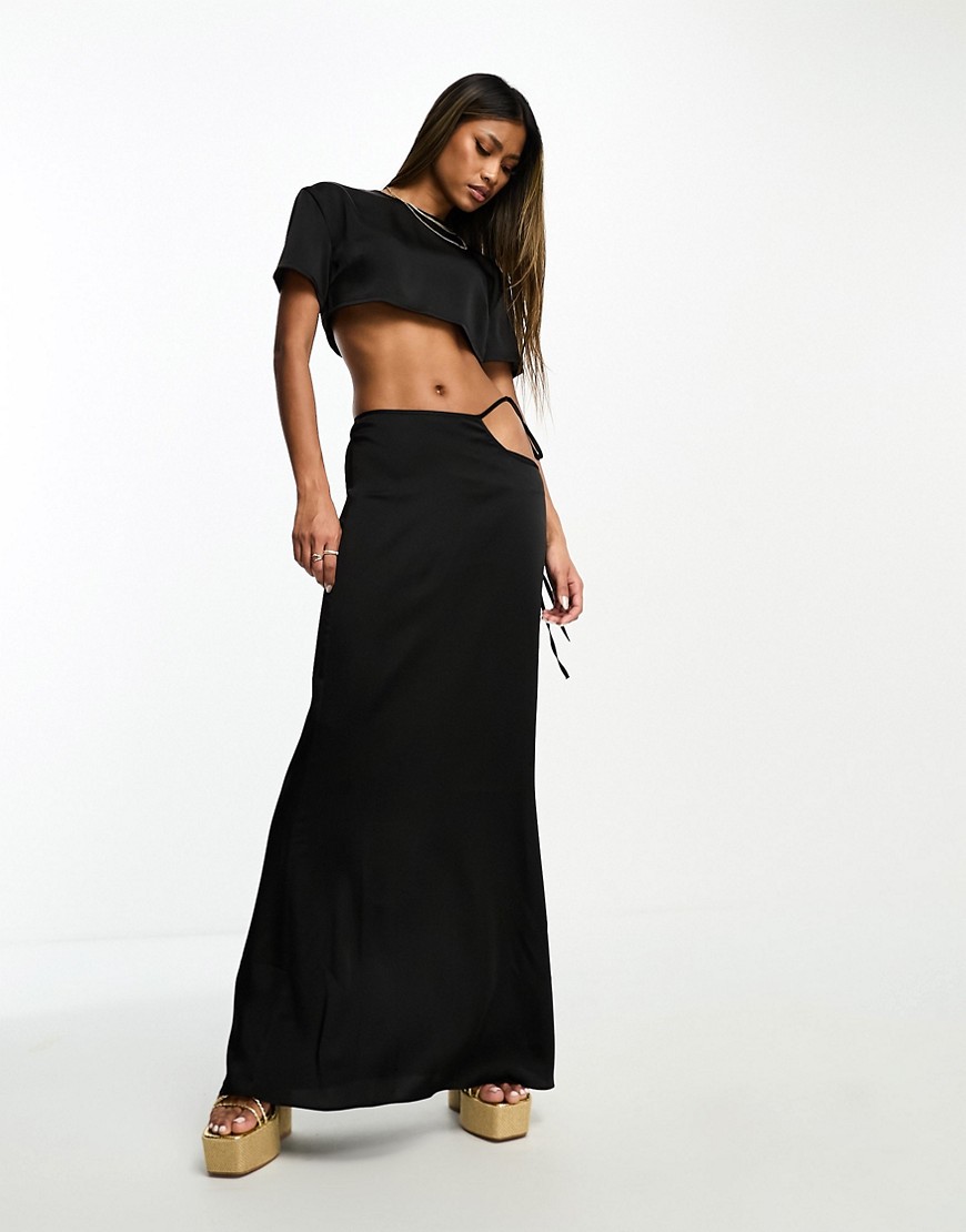 Aria Cove satin maxi cut out tie side skirt co-ord in black