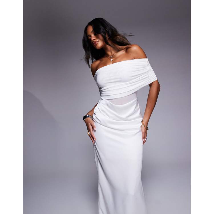 Aria Cove satin off the shoulder sheer panel drape detail
