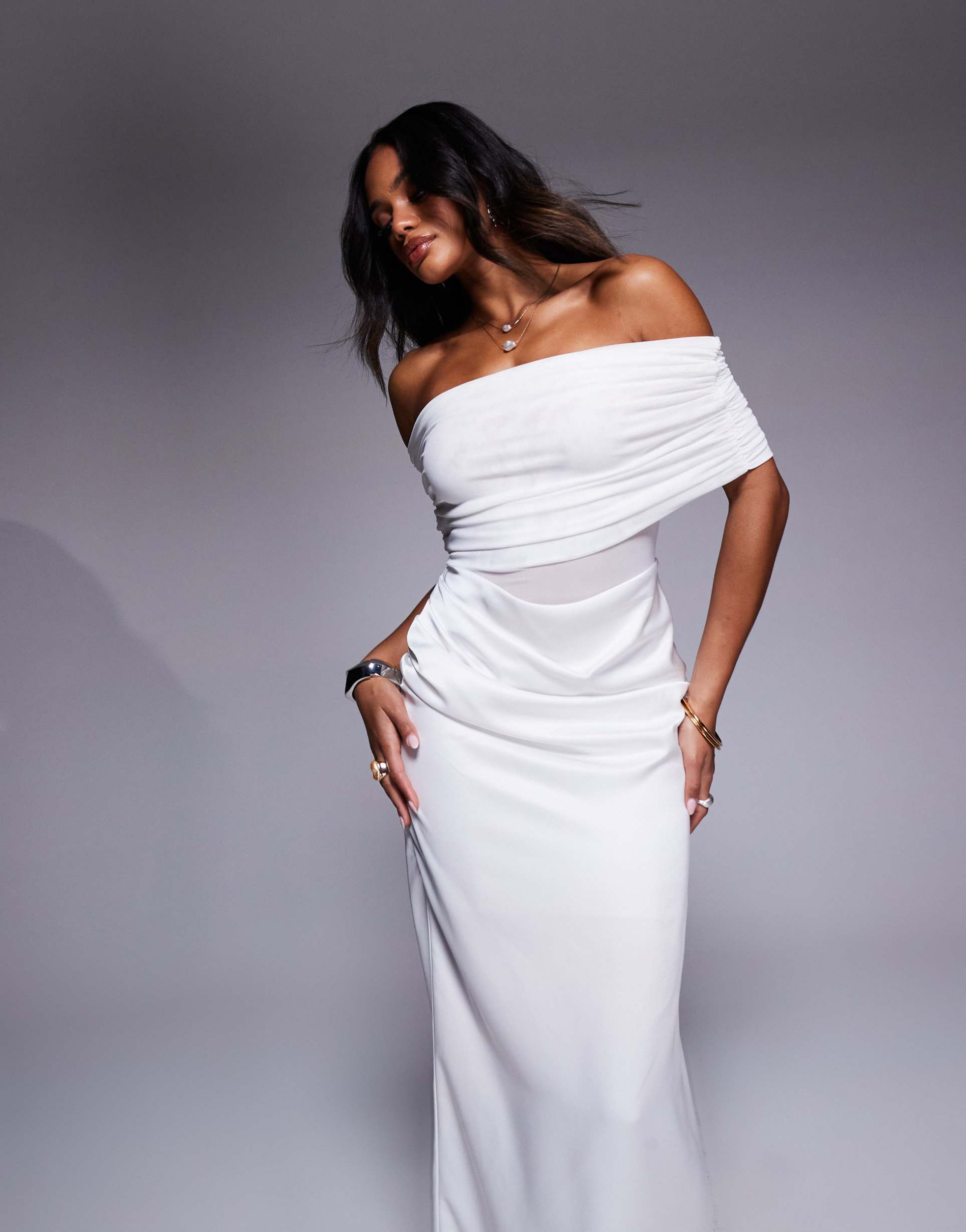aria cove satin off the shoulder sheer panel drape detail fishtail maxi dress in white