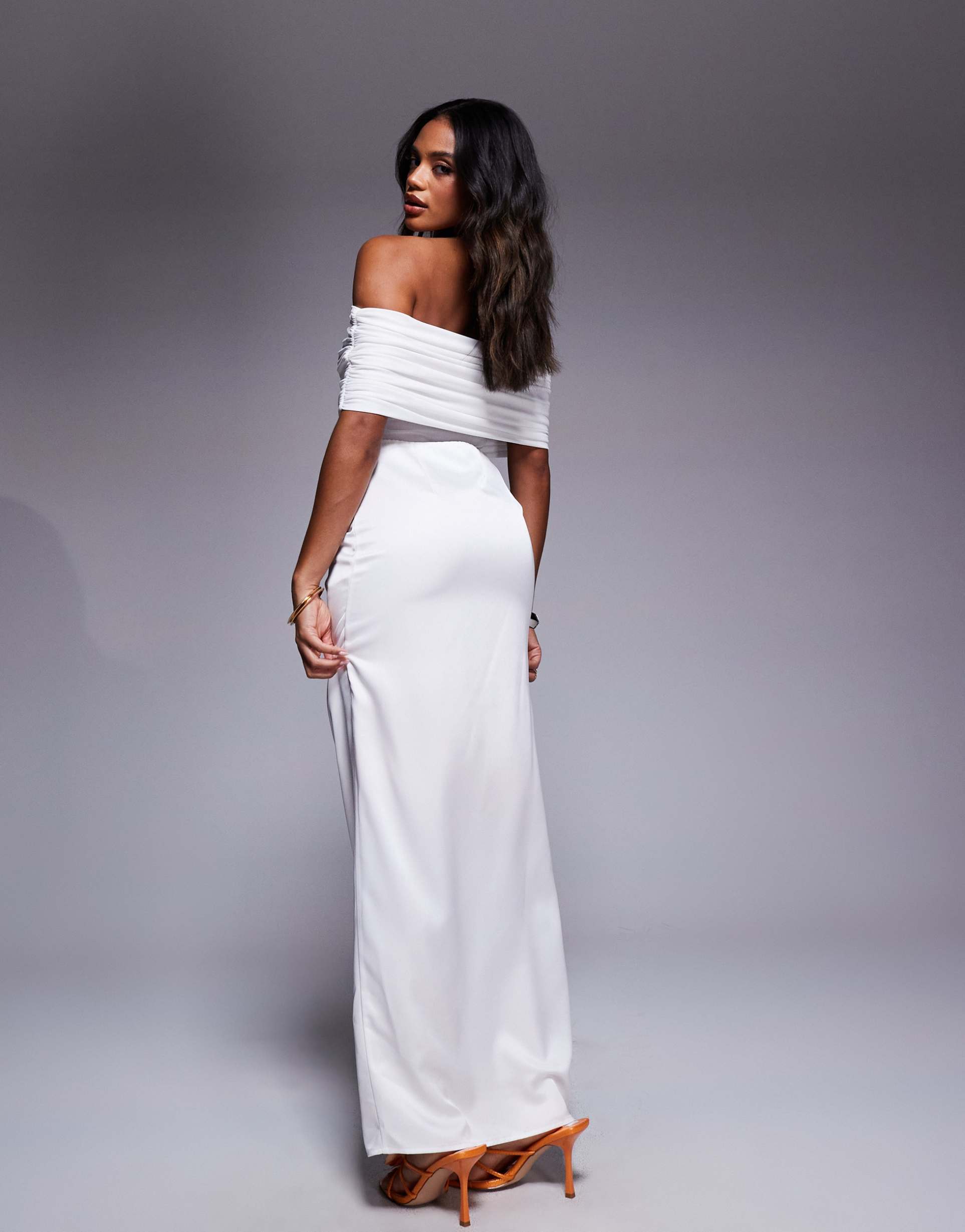 aria cove satin off the shoulder sheer panel drape detail fishtail maxi dress in white