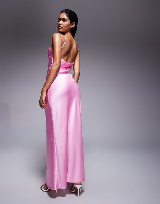 Aria Cove satin one shoulder open back maxi dress in pink, 2 of 4