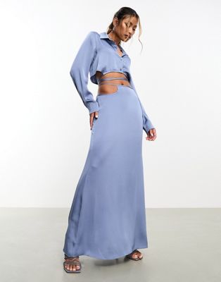 Aria Cove satin open tie side maxi skirt co-ord in blue