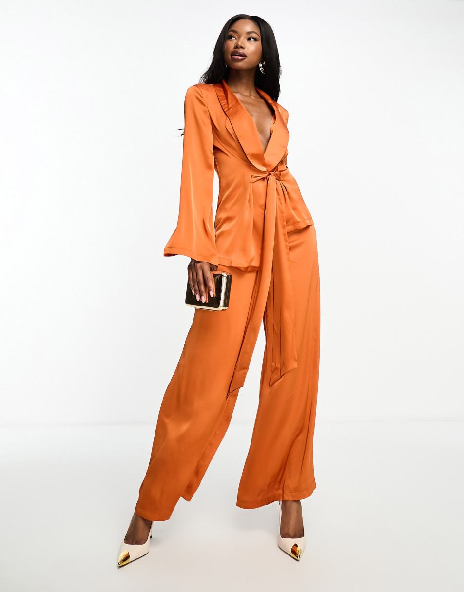 Aria Cove satin shirt and palazzo trousers co-ord in rust