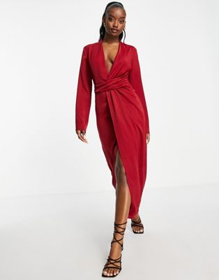 Aria Cove satin plunge front maxi dress with thigh split in wine red - ASOS Price Checker