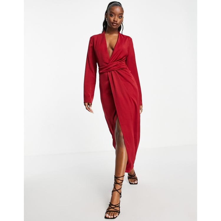 Aria Cove satin plunge front maxi dress with thigh split in wine