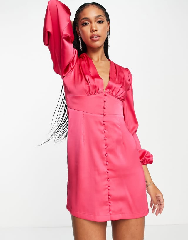 Aria Cove satin plunge front volume sleeve mini dress in pink