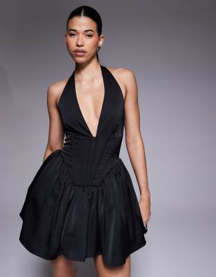 Aria Cove Aria Cove satin plunge halterneck corset detail skater mini dress in black