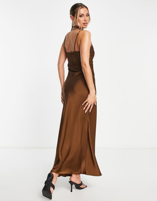 Aria Cove satin plunge maxi dress with thigh slit in brown