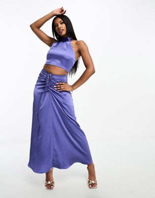 Aria Cove satin ruched front maxi skirt co-ord in blue