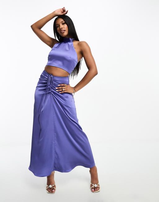 Aria Cove satin ruched front maxi skirt in blue part of a set ASOS