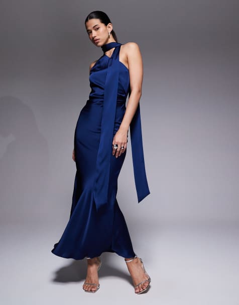 Aria Cove satin ruched side scarf detail maxi dress in navy