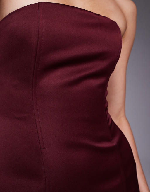 Aria Cove satin seam detail structured bandeau mini dress in burgundy, 3 of 4
