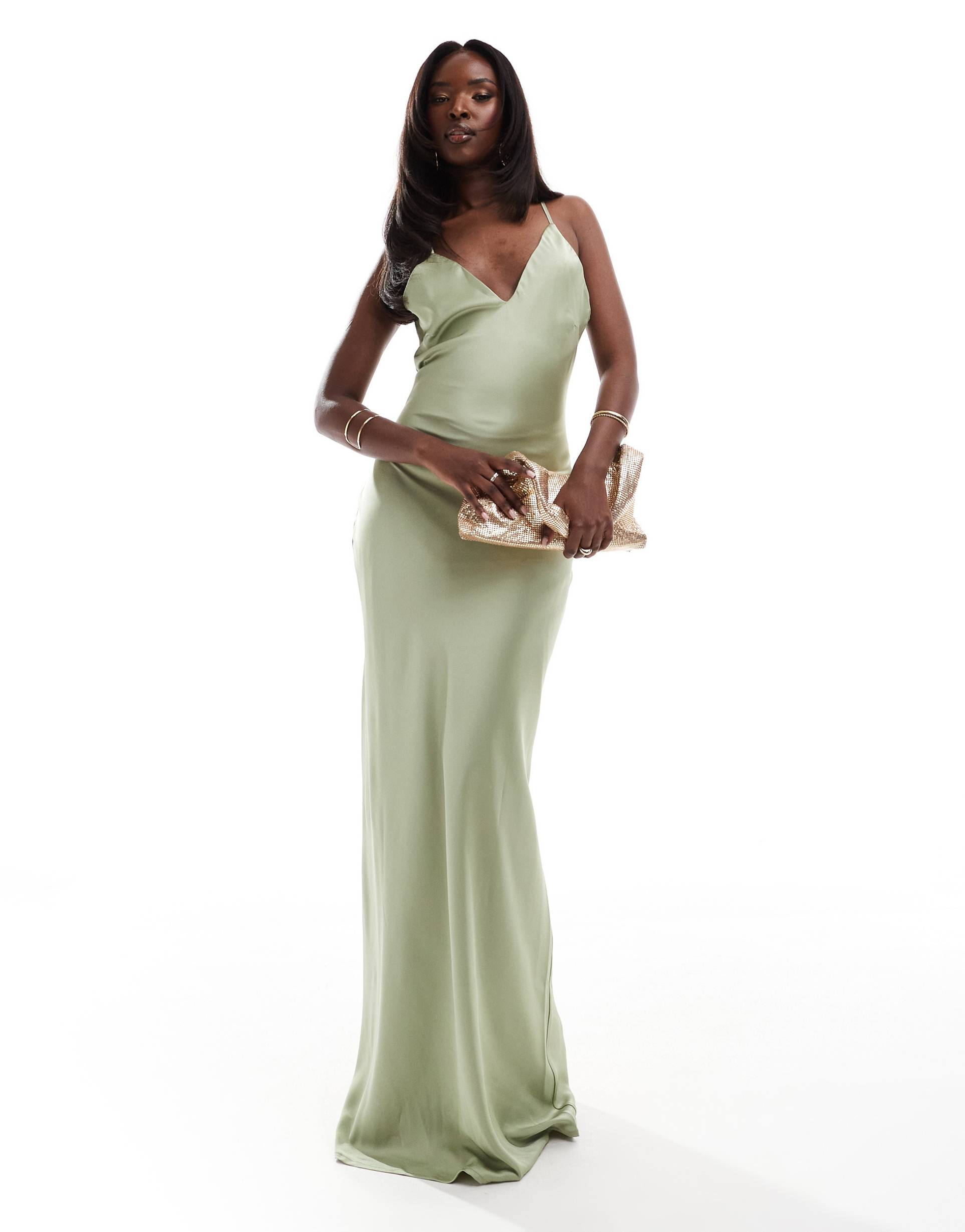 aria cove satin slip maxi dress in sage