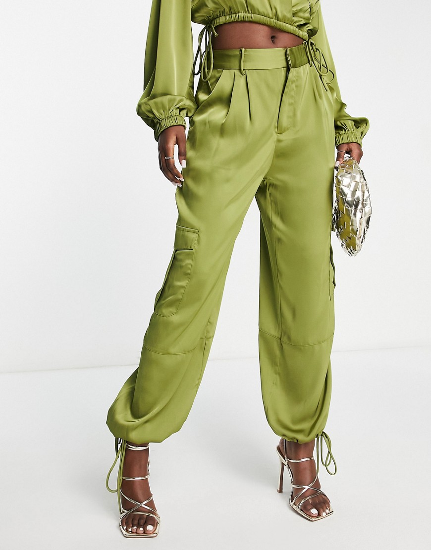 Aria Cove satin tapered jogger in olive - part of a set-Green