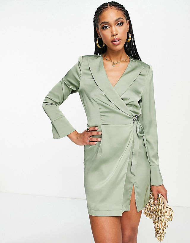 Aria Cove satin wrap dress with split detail in sage