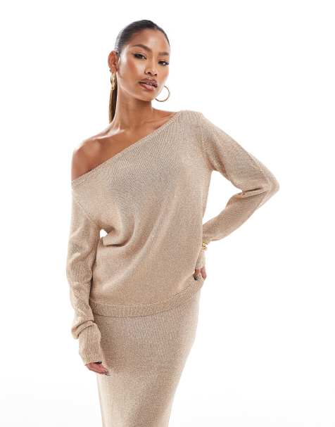 Aria Cove – Schimmernder, schulterfreier Pullover aus Feinstrick in Hellgold, Kombiteil - view 1