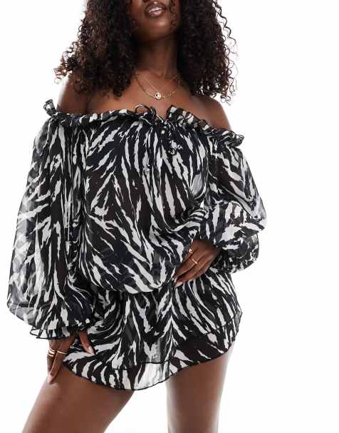 Aria Cove – Schulterfreies Mini-Strandkleid in Zebra-Optik mit Rüschen - view 1