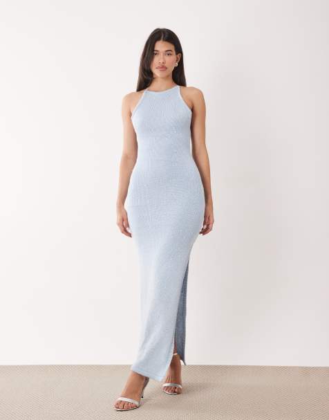Aria Cove sequin knit bodycon open strappy back maxi dress in baby blue - view 1