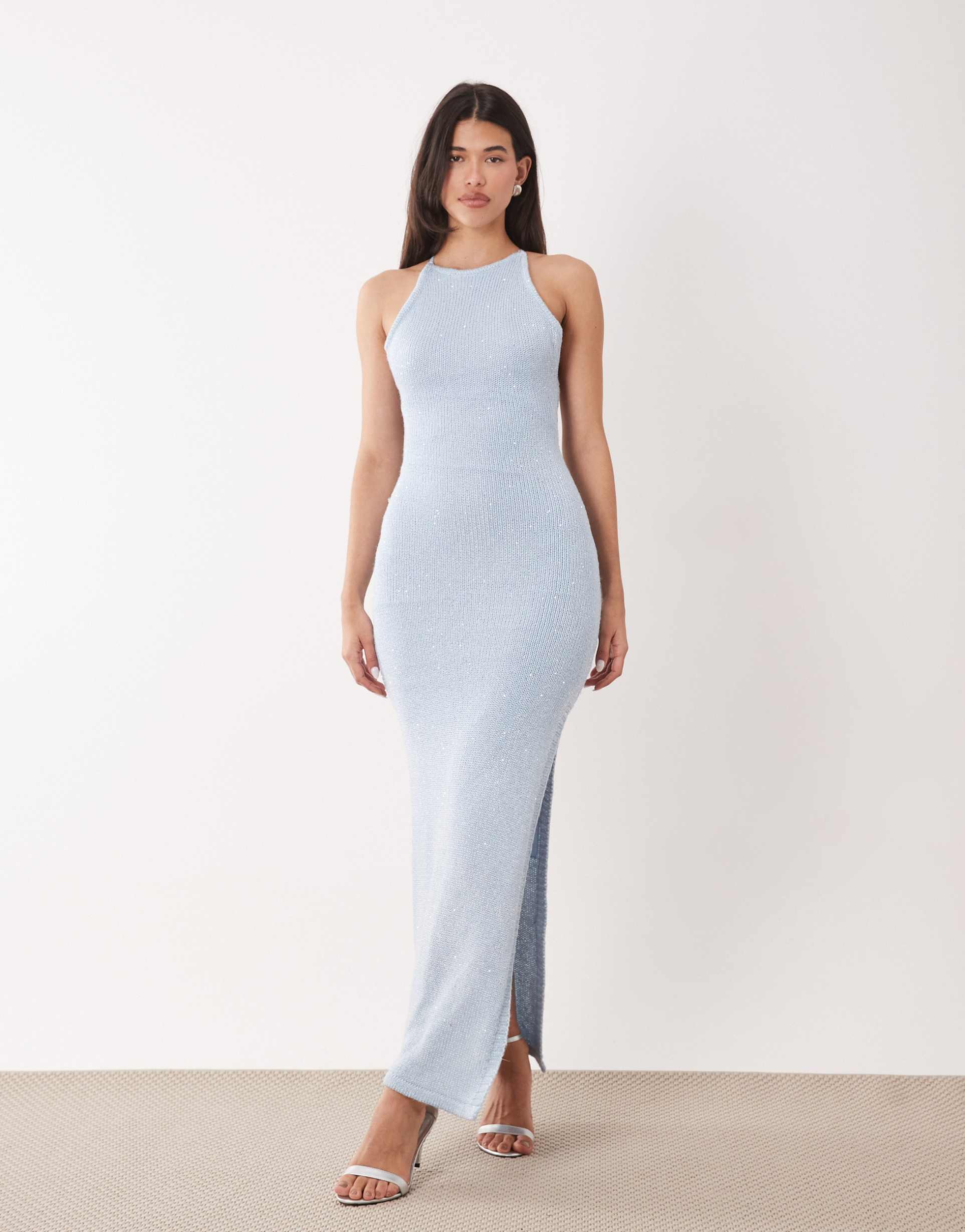 aria cove sequin knit bodycon open strappy back maxi dress in baby blue