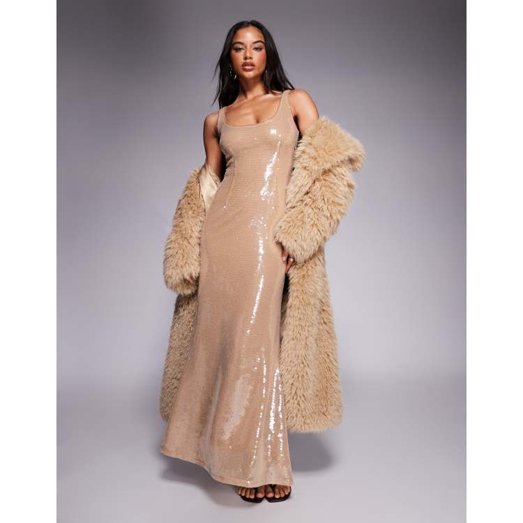 aria cove gold dress Aria Cove hammered satin one shoulder open back fishtail maxi dress in gold