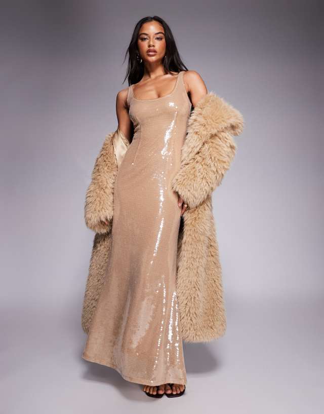 Aria Cove sequin scoop neck fishtail hem maxi dress in beige | ASOS