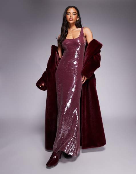 Aria Cove sequin scoop neck maxi dress in burgundy - view 1