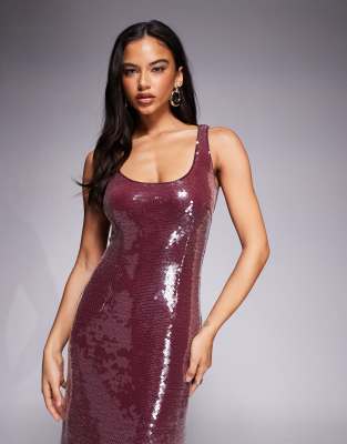Aria Cove Sequin Scoop Neck Maxi Dress In Burgundy