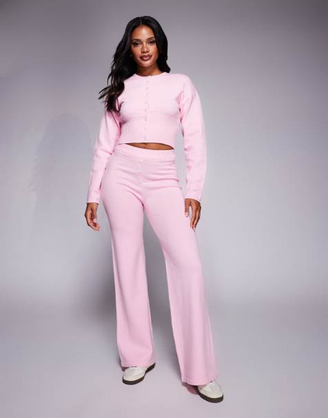 Aria Cove – Set in Rosa mit Struktur, bestehend aus Cropped-Strickjacke mit geripptem Bund und Hose mit weitem Bein - view 1