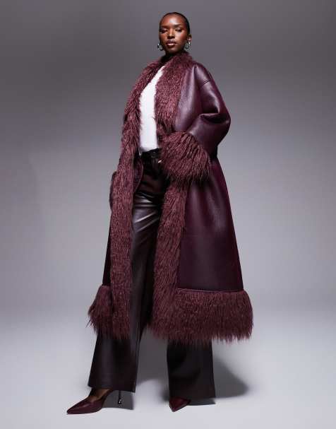 Aria Cove shaggy faux fur trim belted leather look maxi coat in burgundy - view 1
