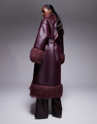 Aria Cove Shaggy Faux Fur Trim Belted Leather Look Maxi Coat In Red