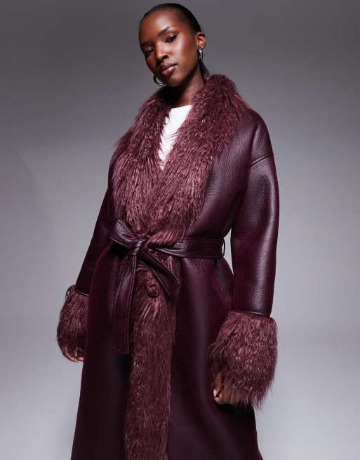 Aria Cove shaggy faux fur trim belted leather look maxi coat in 