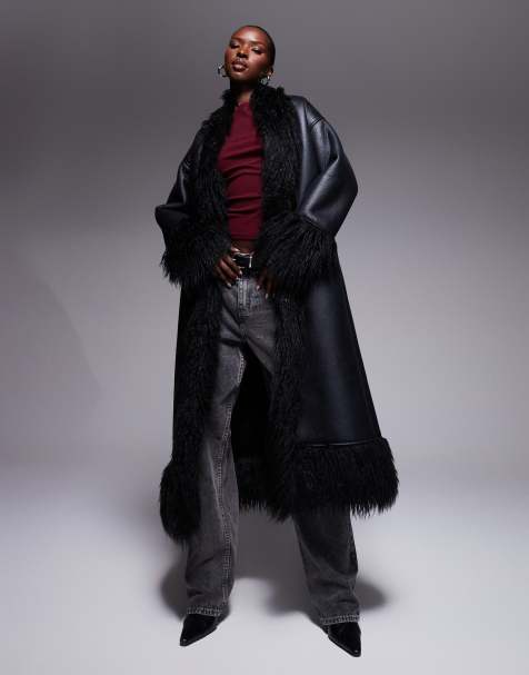 Aria Cove shaggy faux fur trim leather look maxi coat in black - view 1