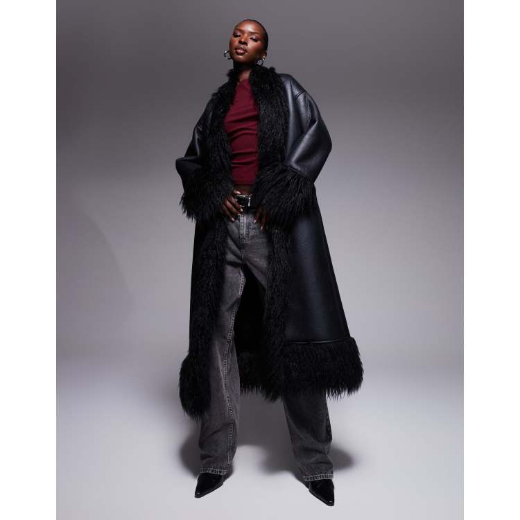 Aria Cove shaggy faux fur trim leather look maxi coat in black | ASOS