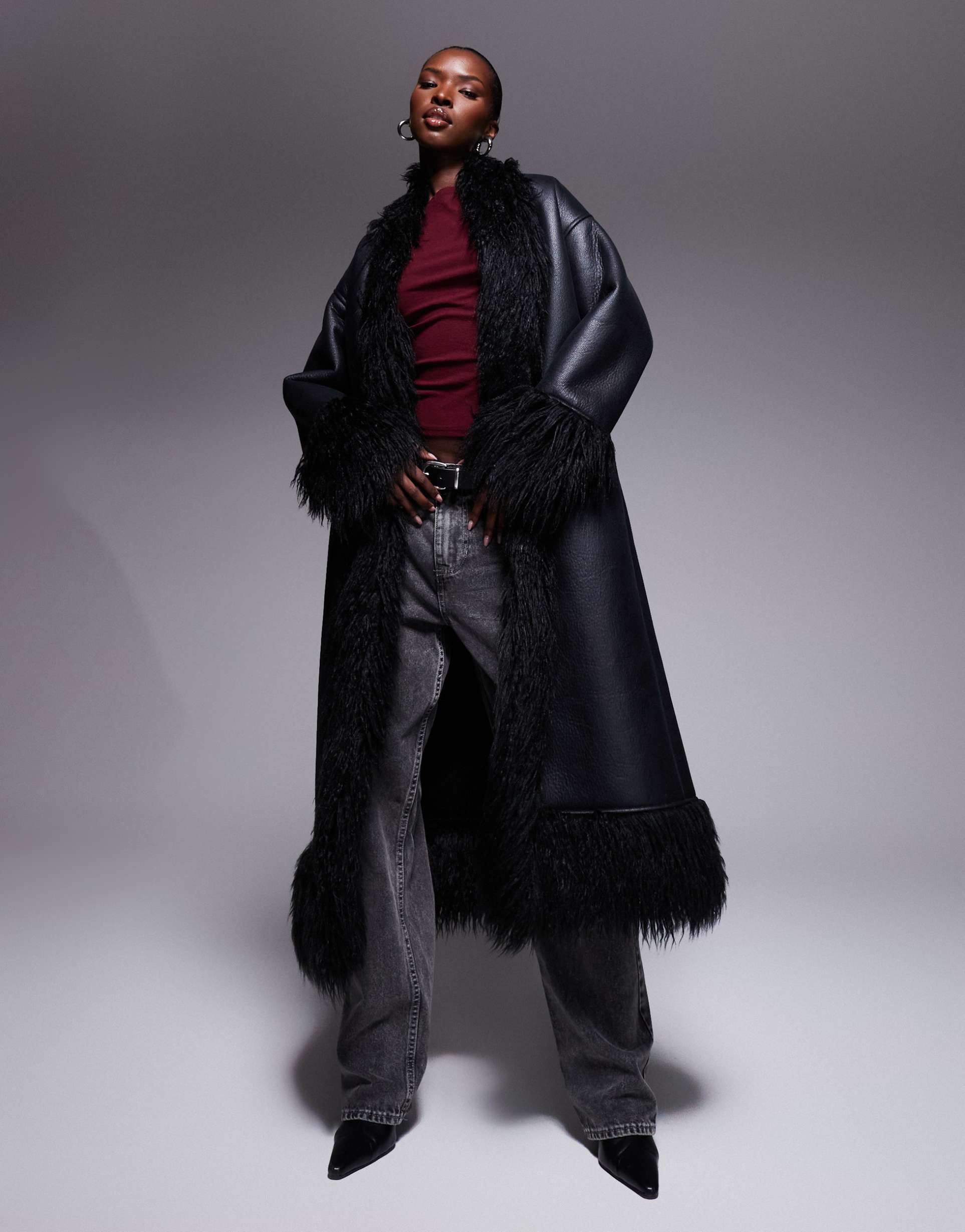 aria cove shaggy faux fur trim leather look maxi coat in black