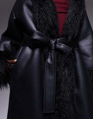 Aria Cove Shaggy Faux Fur Trim Leather Look Maxi Coat In Black