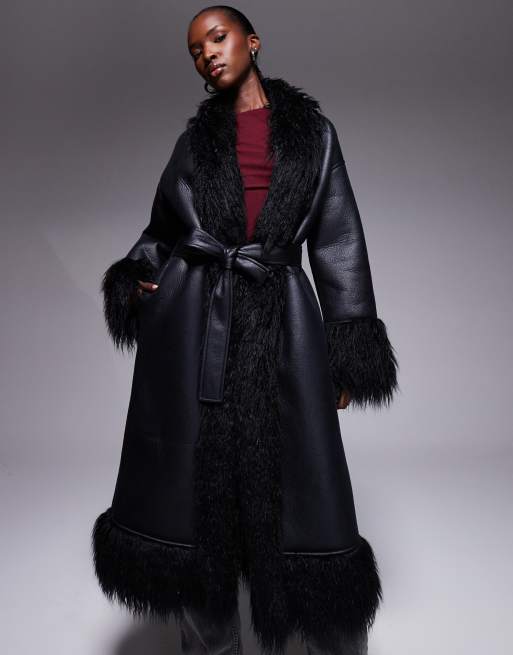 Aria Cove shaggy faux fur trim leather look maxi coat in black
