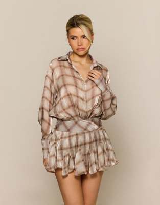 Aria Cove sheen chiffon ruffle skirt shirt dress in muted check