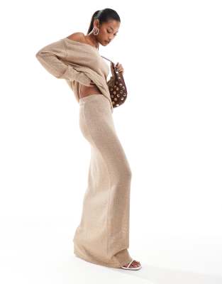 shimmer fine knit low rise maxi skirt in light gold - part of a set