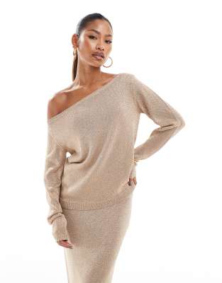 Aria Cove Aria Cove shimmer fine knit off shoulder jumper co-ord in light gold