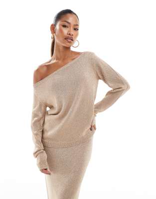 shimmer fine knit off the shoulder sweater in light gold - part of a set