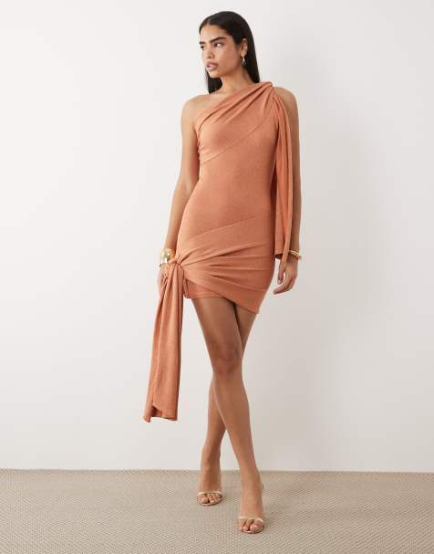 Aria Cove shimmer knit asymmetric shoulder drape detail tie side mini dress in orange - view 1