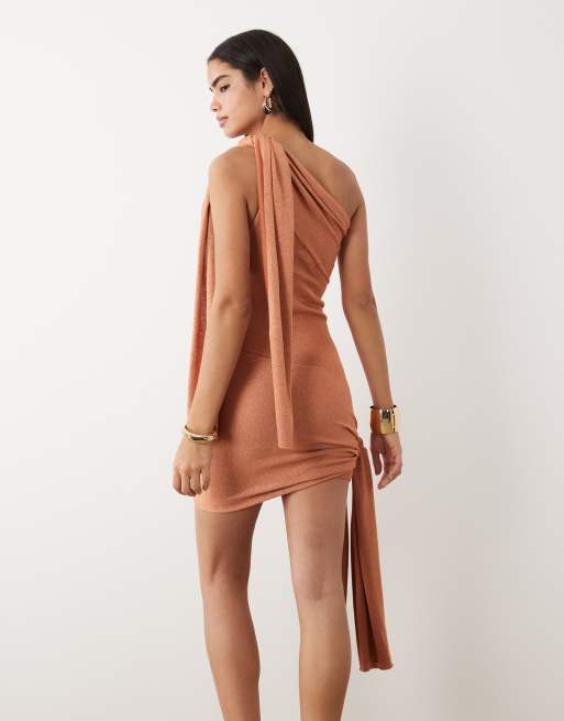off the shoulder draped asymmetric mini dress in brown Modal Asymmetric A-Line Mini Dress in Chocolate Brown - XL