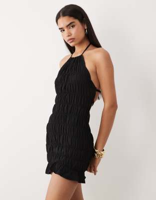 Aria Cove shirred halterneck open back detail mini dress in black