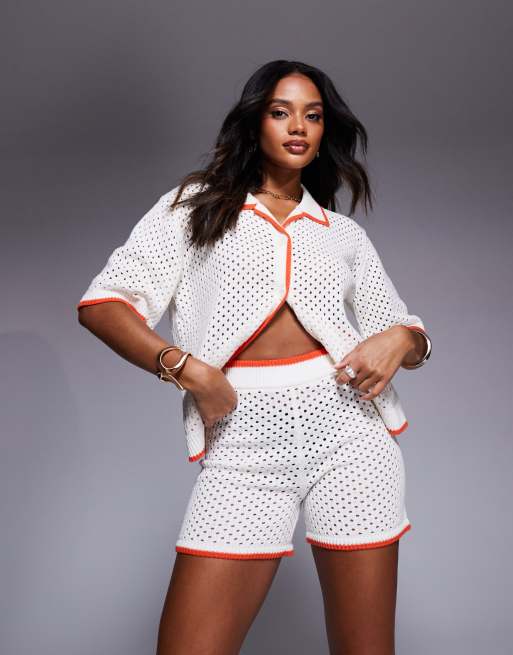 Aria Cove - Short de plage d'ensemble en maille crochetée avec bordures contrastantes - Blanc/orange, 3 de 5