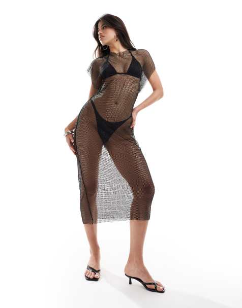 Aria Cove sleeveless high neck all over diamante mesh beach dress in black - view 1