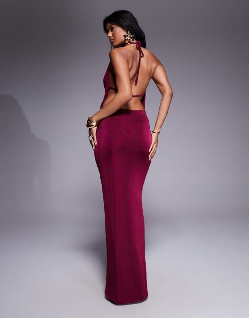 Aria Cove slinky cowl halterneck open tie back maxi dress in berry-Purple